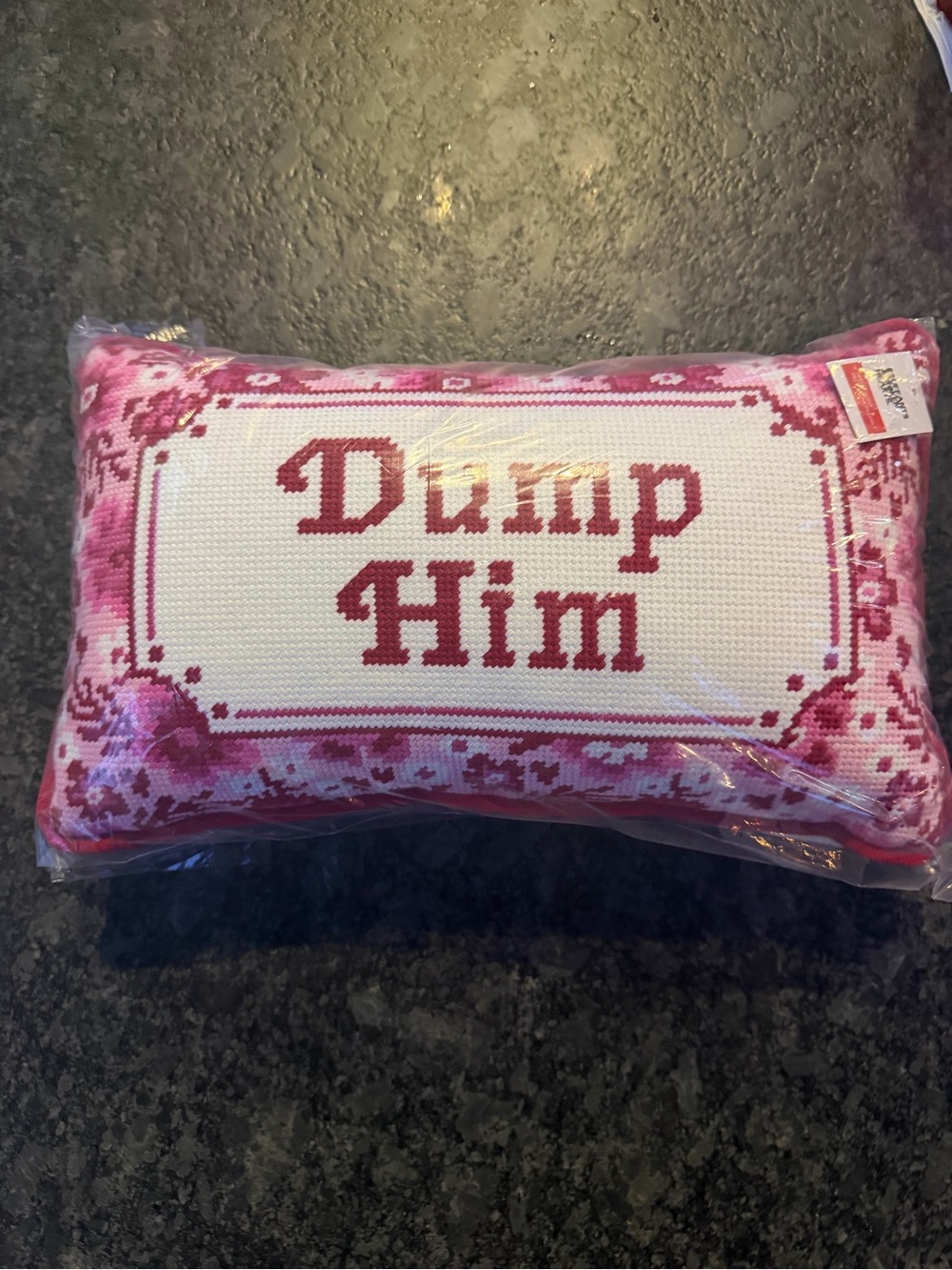 Bouffants & Broken Hearts “Dump Him” Needlepoint Pillow NWT Pink Floral Sassy
